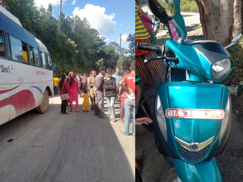 काभ्रेमा बसले स्कुटरलाइ ठक्कर दिदा एक जना गम्भिर घा इ ते