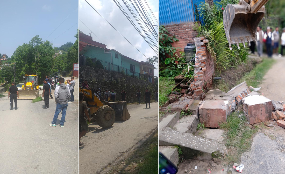 धुलिखेलको भट्टेडाँडा क्षेत्रमा चल्यो डोजर, द्धारिका होटलदेखि सरकारी कार्यालयका अवैध संरचना भत्काइयो