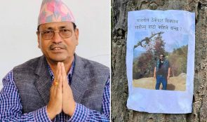 सडकको काम सम्पन्न नभएपछि सांसदको तस्वीर रुखमा टाँसियो