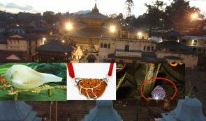पशुपतिमा बहुमूल्य नागमणि, एक मुखे रुद्राक्ष र दाहिने शङ्ख देखाइने